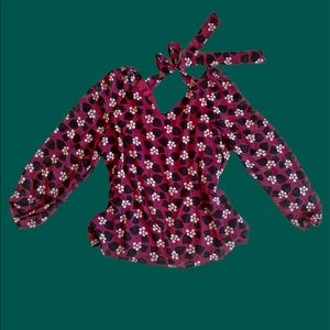 Nine West cranberry floral tie back blouse long sleeve size large fall
